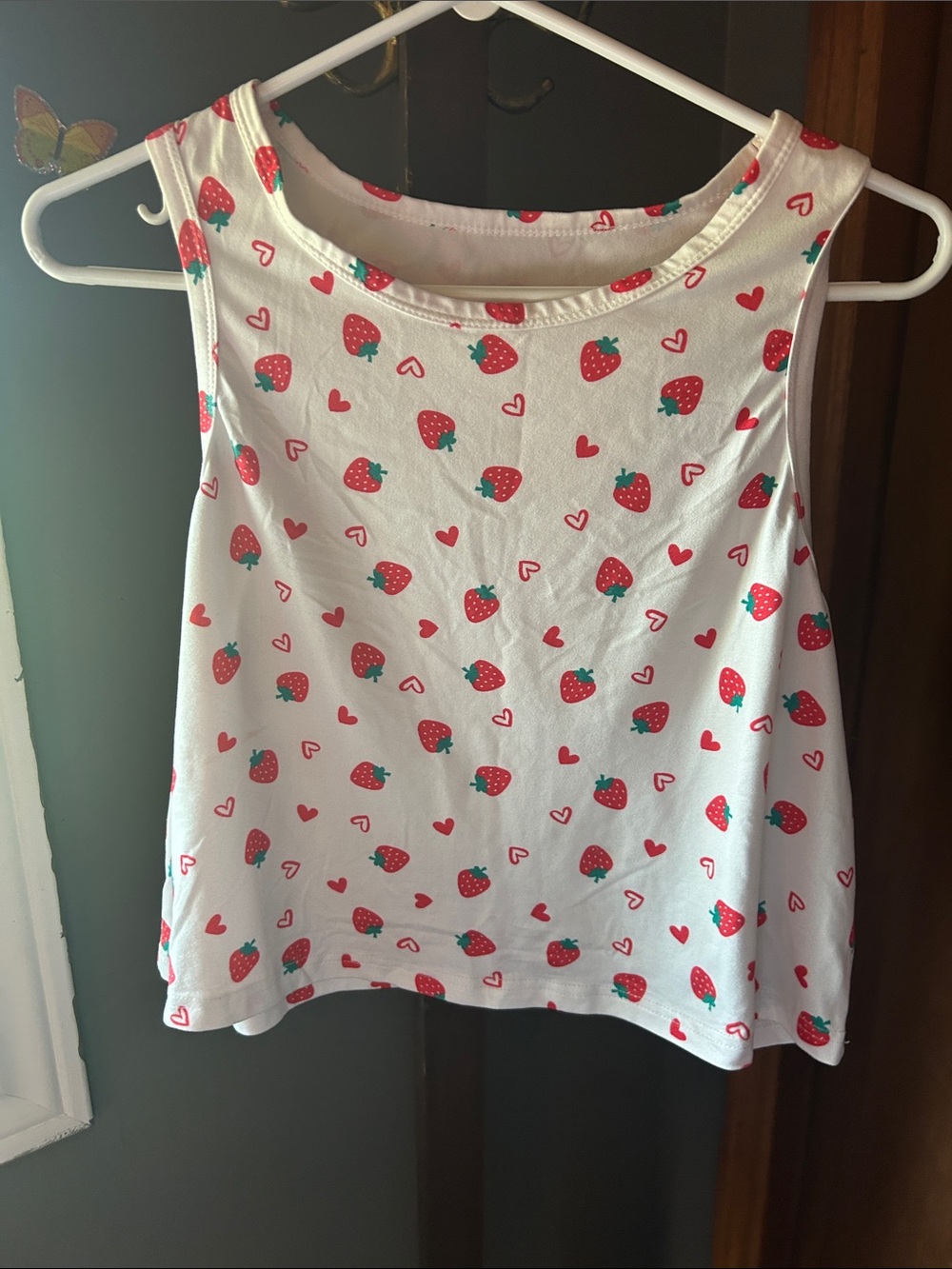 White Strawberry Print Crop Tank Top